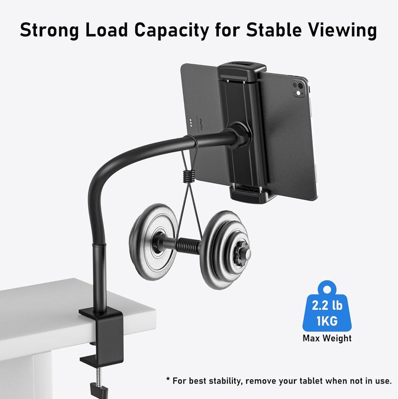 TeQable Tablet Stand for Desk, Gooseneck iPad Holder Clamp Mount, 360° Adjustable Arm Mount for iPad Pro/Air/Mini, Kindle Fire, Galaxy Tabs, 4.7"-13.5" Tablets, for Kitchen, Work, Video Call, Bed - Image 5